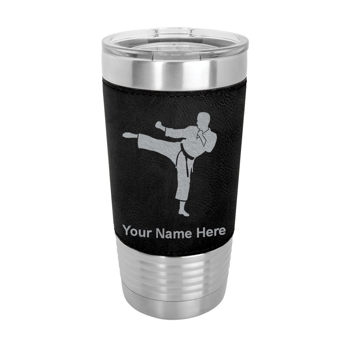 20oz Faux Leather Tumbler Mug, Karate Man, Personalized Engraving Included - LaserGram Custom Engraved Gifts