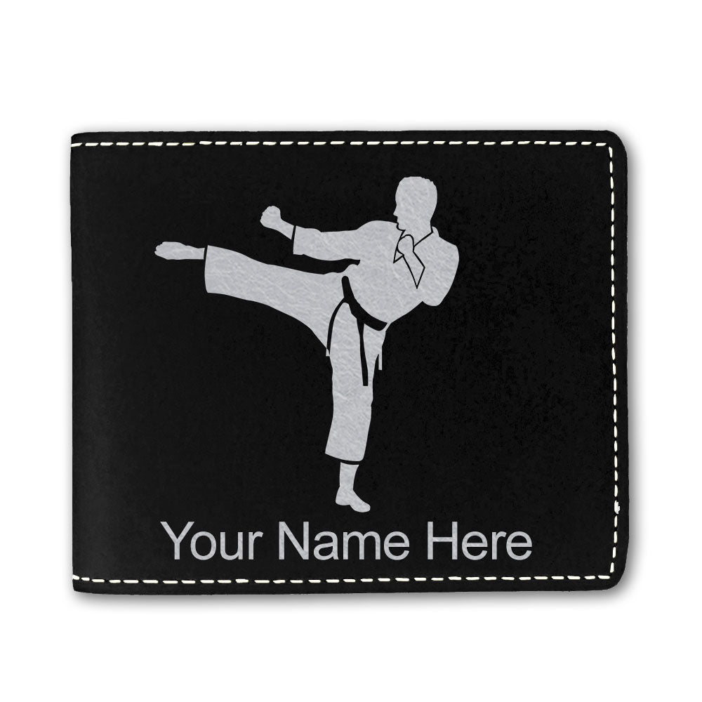 Faux Leather Bi-Fold Wallet, Karate Man, Personalized Engraving Included