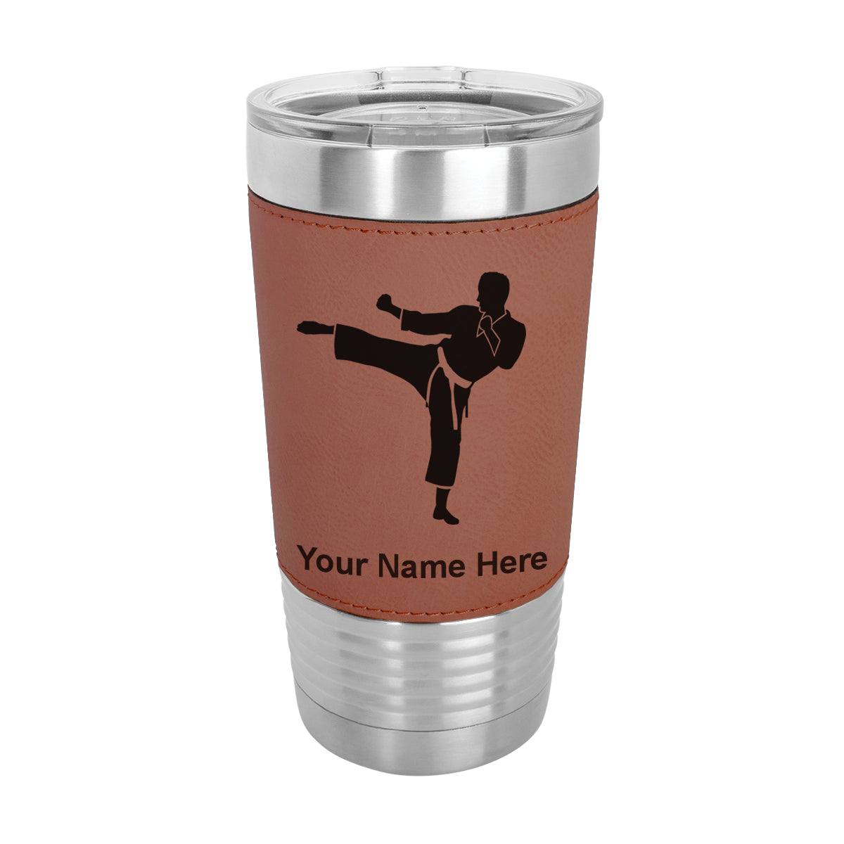 20oz Faux Leather Tumbler Mug, Karate Man, Personalized Engraving Included - LaserGram Custom Engraved Gifts