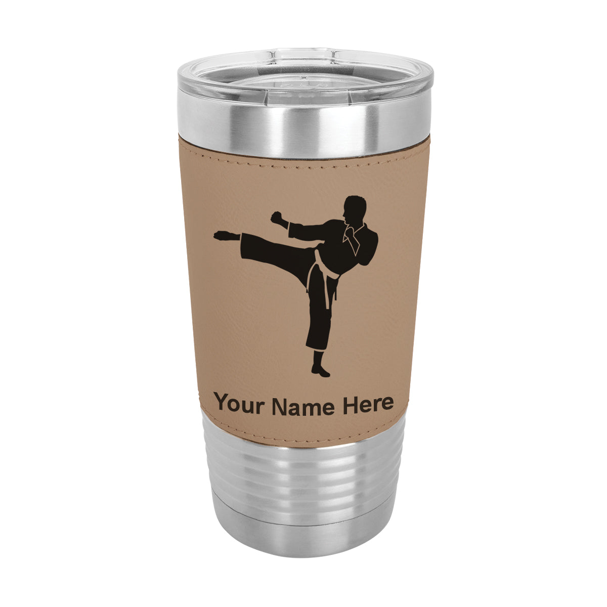 20oz Faux Leather Tumbler Mug, Karate Man, Personalized Engraving Included - LaserGram Custom Engraved Gifts