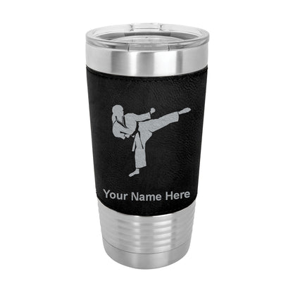 20oz Faux Leather Tumbler Mug, Karate Woman, Personalized Engraving Included - LaserGram Custom Engraved Gifts