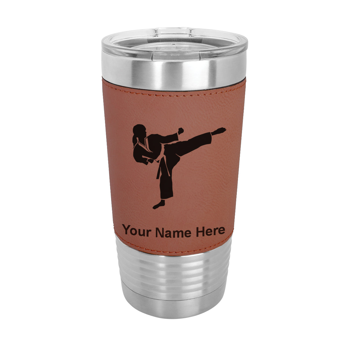 20oz Faux Leather Tumbler Mug, Karate Woman, Personalized Engraving Included - LaserGram Custom Engraved Gifts