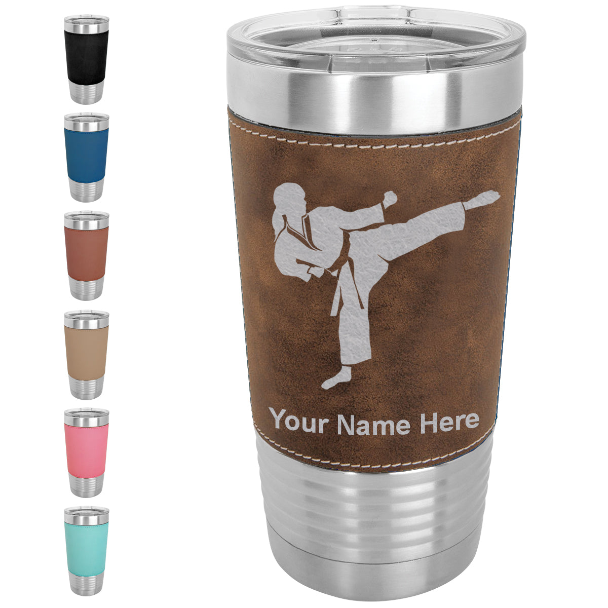 20oz Faux Leather Tumbler Mug, Karate Woman, Personalized Engraving Included - LaserGram Custom Engraved Gifts