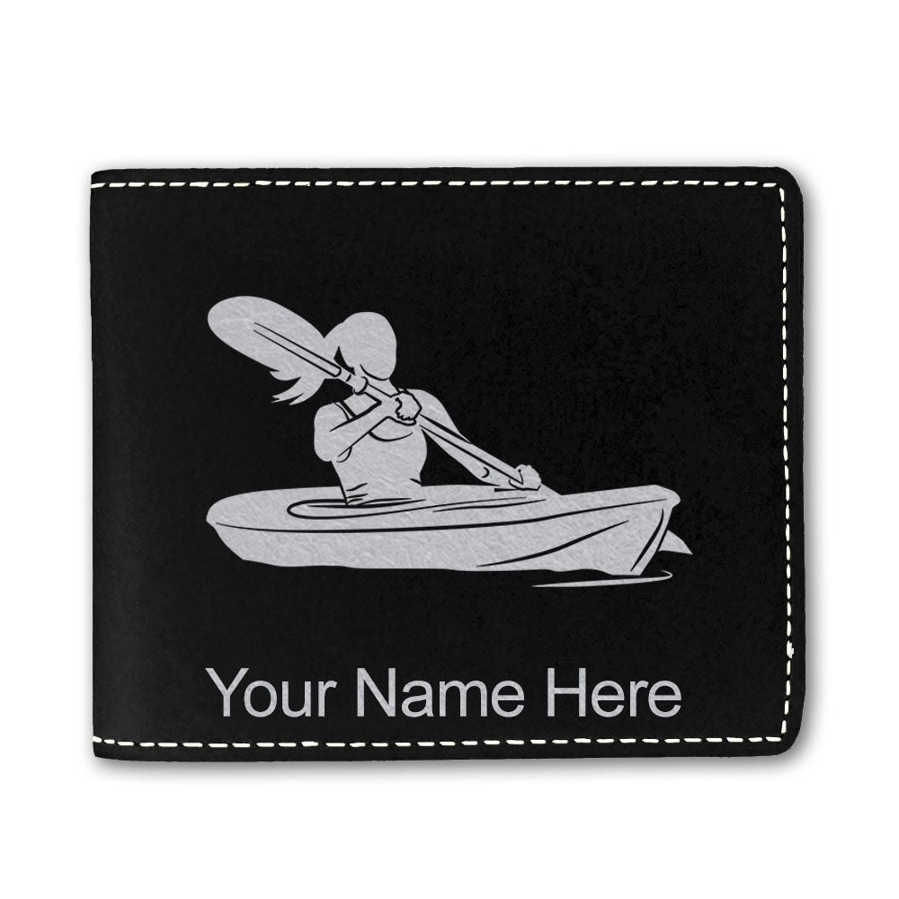 Faux Leather Bi-Fold Wallet, Kayak Woman, Personalized Engraving Included
