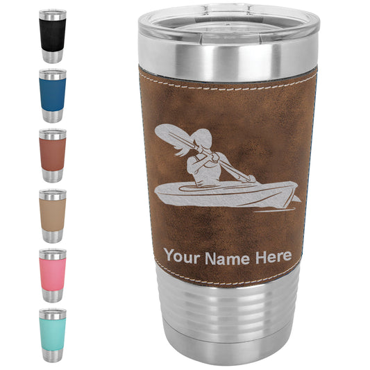 20oz Faux Leather Tumbler Mug, Kayak Woman, Personalized Engraving Included - LaserGram Custom Engraved Gifts