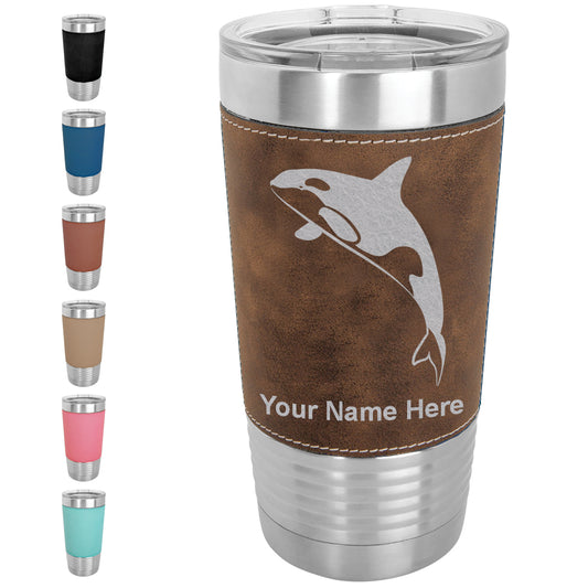 20oz Faux Leather Tumbler Mug, Killer Whale, Personalized Engraving Included - LaserGram Custom Engraved Gifts