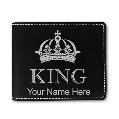 Faux Leather Bi-Fold Wallet, King Crown, Personalized Engraving Included