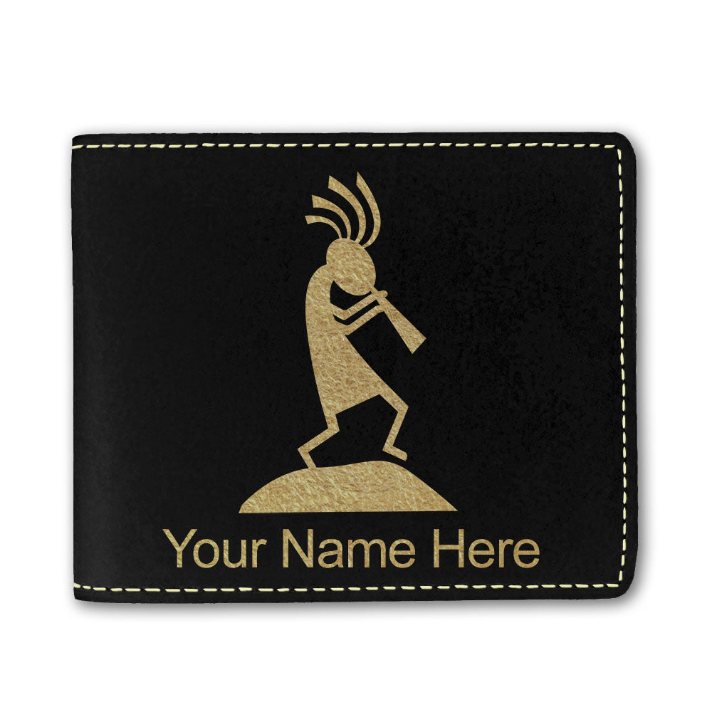 Faux Leather Bi-Fold Wallet, Kokopelli, Personalized Engraving Included