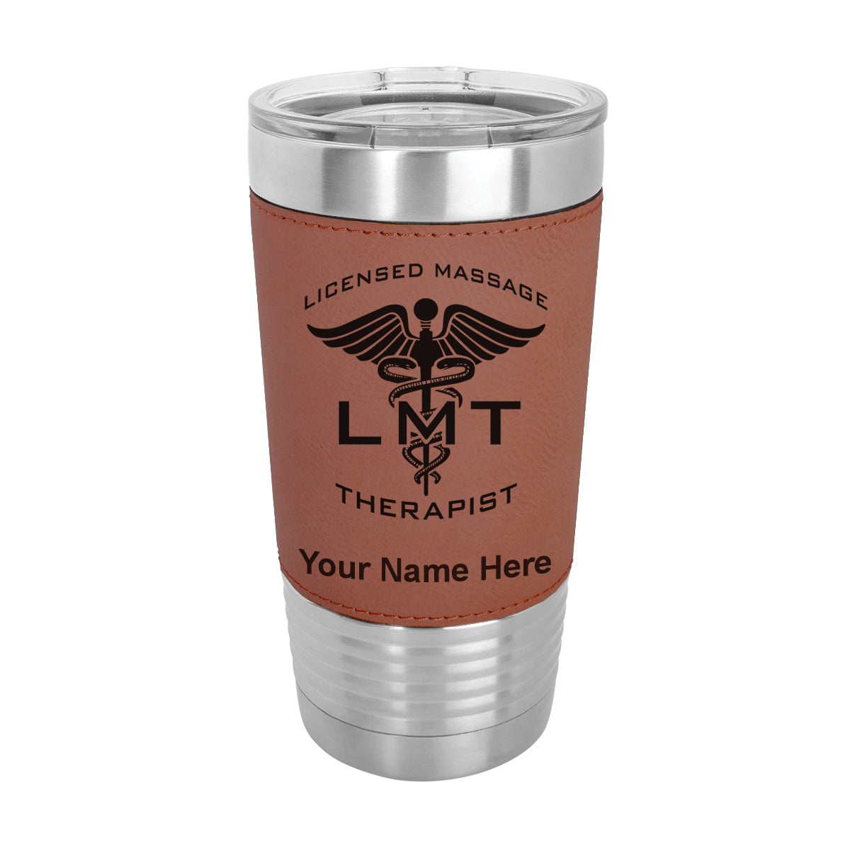20oz Faux Leather Tumbler Mug, LMT Licensed Massage Therapist, Personalized Engraving Included - LaserGram Custom Engraved Gifts