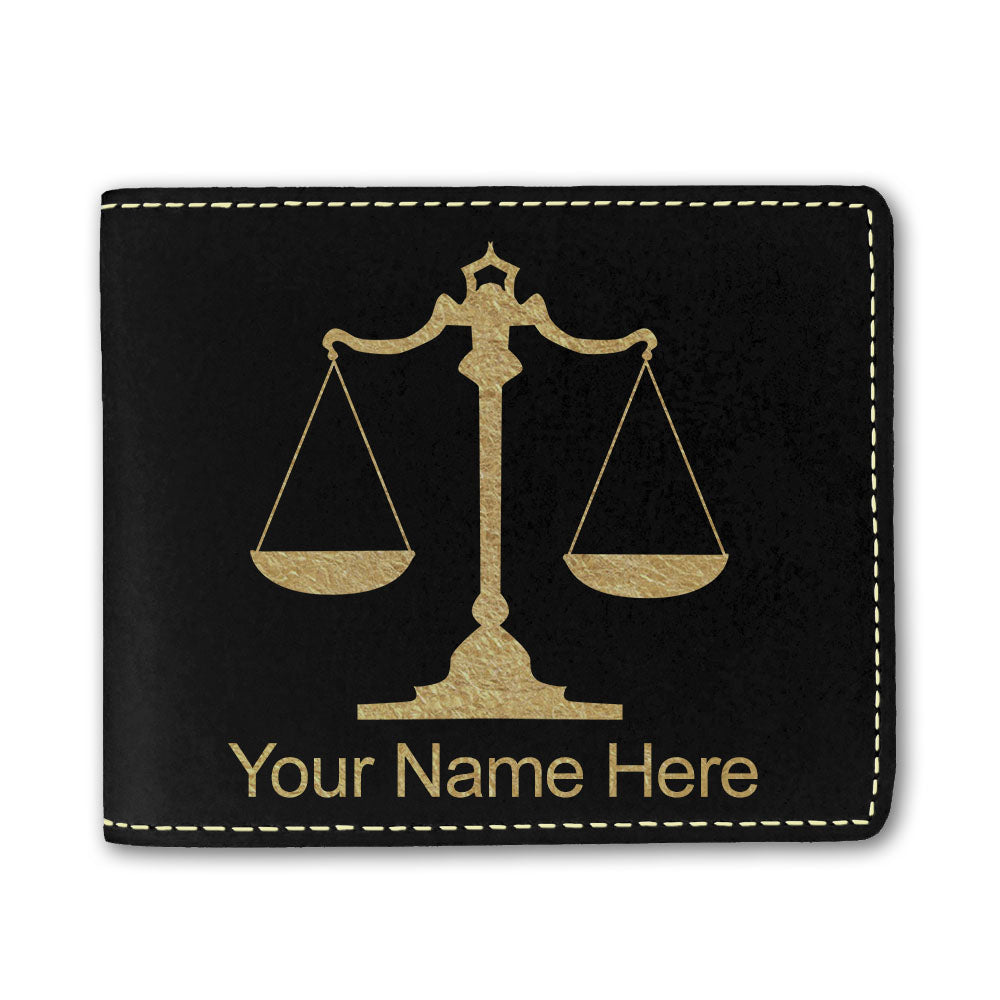 Faux Leather Bi-Fold Wallet, Law Scale, Personalized Engraving Included