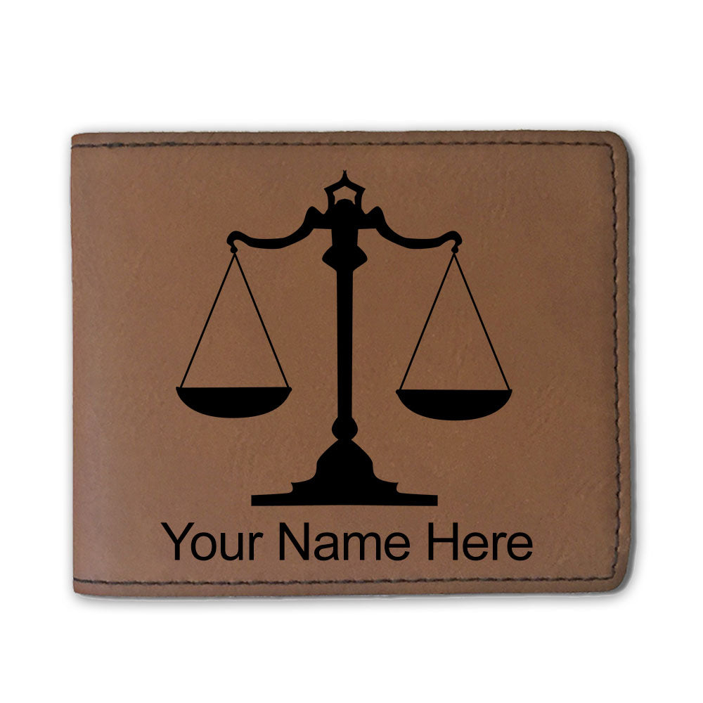 Faux Leather Bi-Fold Wallet, Law Scale, Personalized Engraving Included