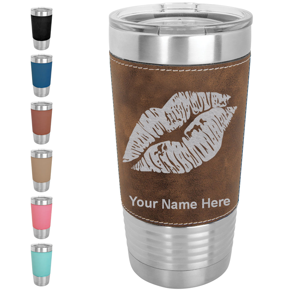 20oz Faux Leather Tumbler Mug, Lipstick Kiss, Personalized Engraving Included - LaserGram Custom Engraved Gifts