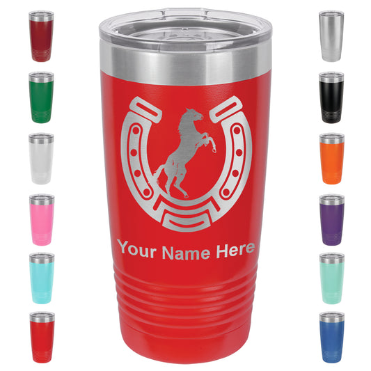 20oz Vacuum Insulated Tumbler Mug, Horseshoe with Horse, Personalized Engraving Included