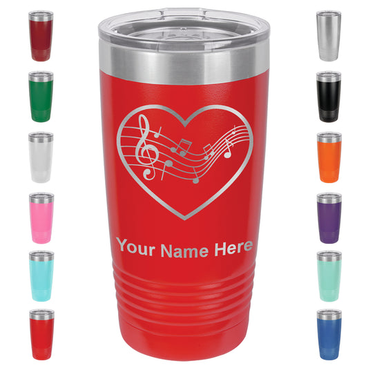 20oz Vacuum Insulated Tumbler Mug, Music Staff Heart, Personalized Engraving Included