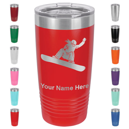 20oz Vacuum Insulated Tumbler Mug, Snowboarder Woman, Personalized Engraving Included