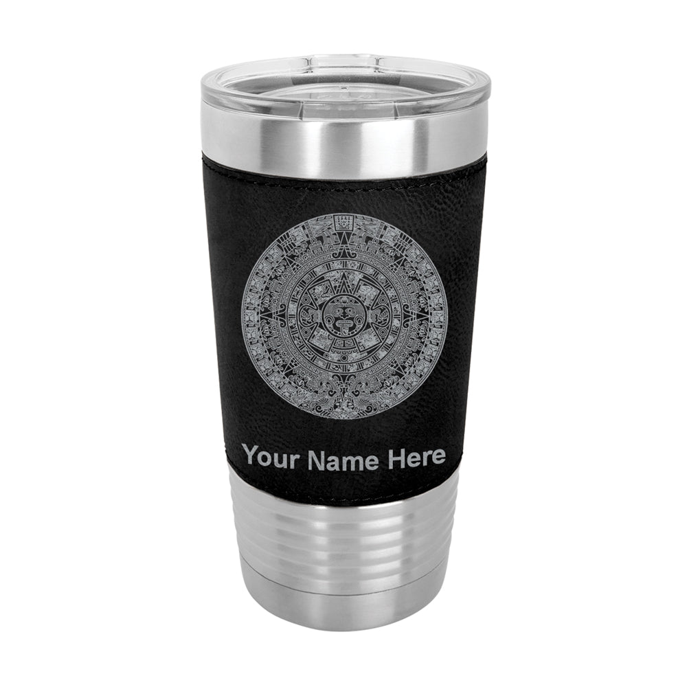 20oz Faux Leather Tumbler Mug, Aztec Calendar, Personalized Engraving Included - LaserGram Custom Engraved Gifts