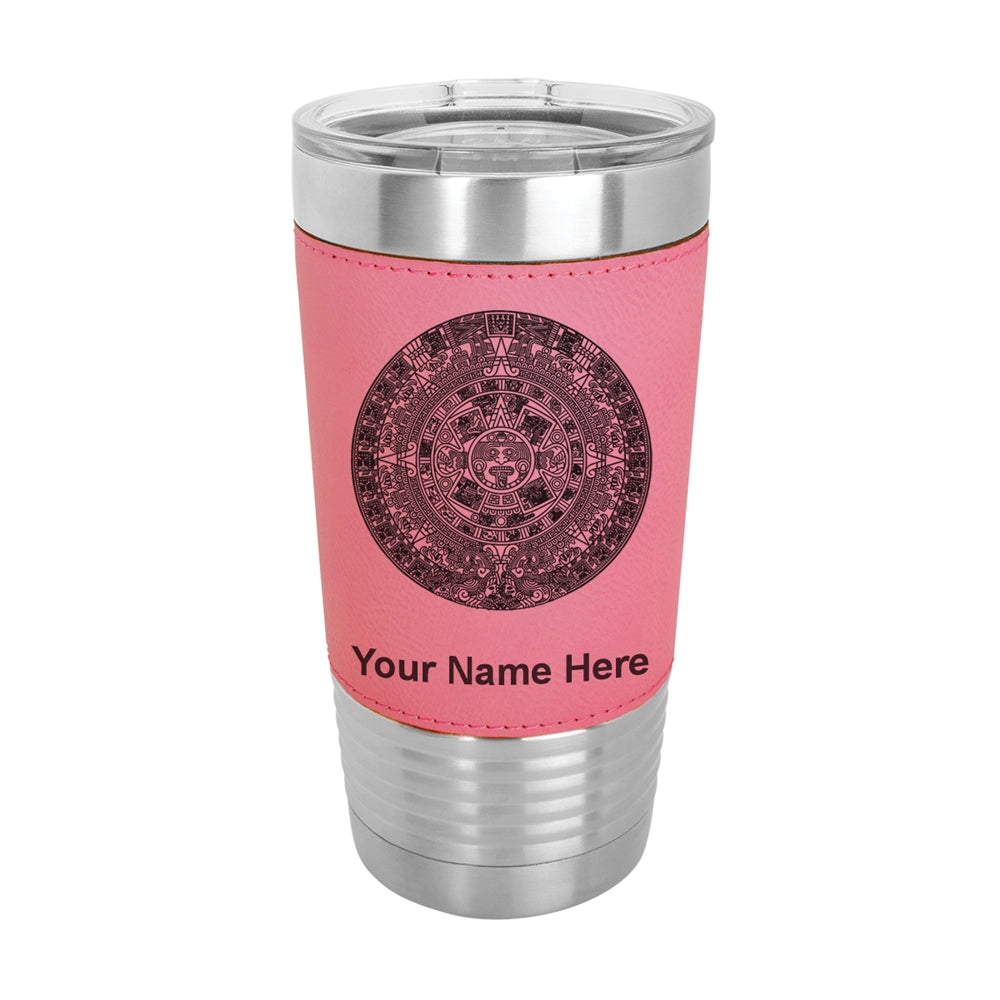 20oz Faux Leather Tumbler Mug, Aztec Calendar, Personalized Engraving Included - LaserGram Custom Engraved Gifts