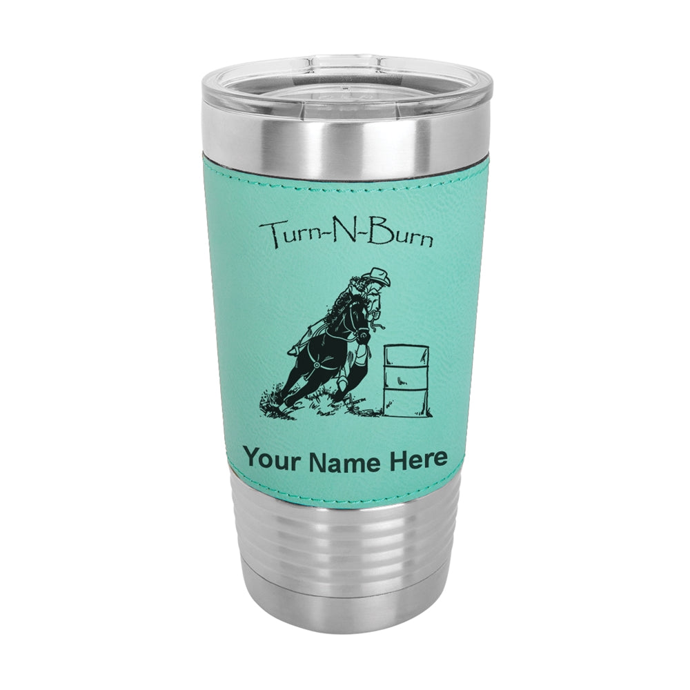 20oz Faux Leather Tumbler Mug, Barrel Racer Turn N Burn, Personalized Engraving Included - LaserGram Custom Engraved Gifts