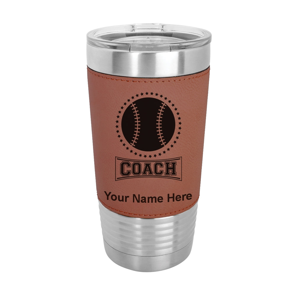 20oz Faux Leather Tumbler Mug, Baseball Coach, Personalized Engraving Included - LaserGram Custom Engraved Gifts