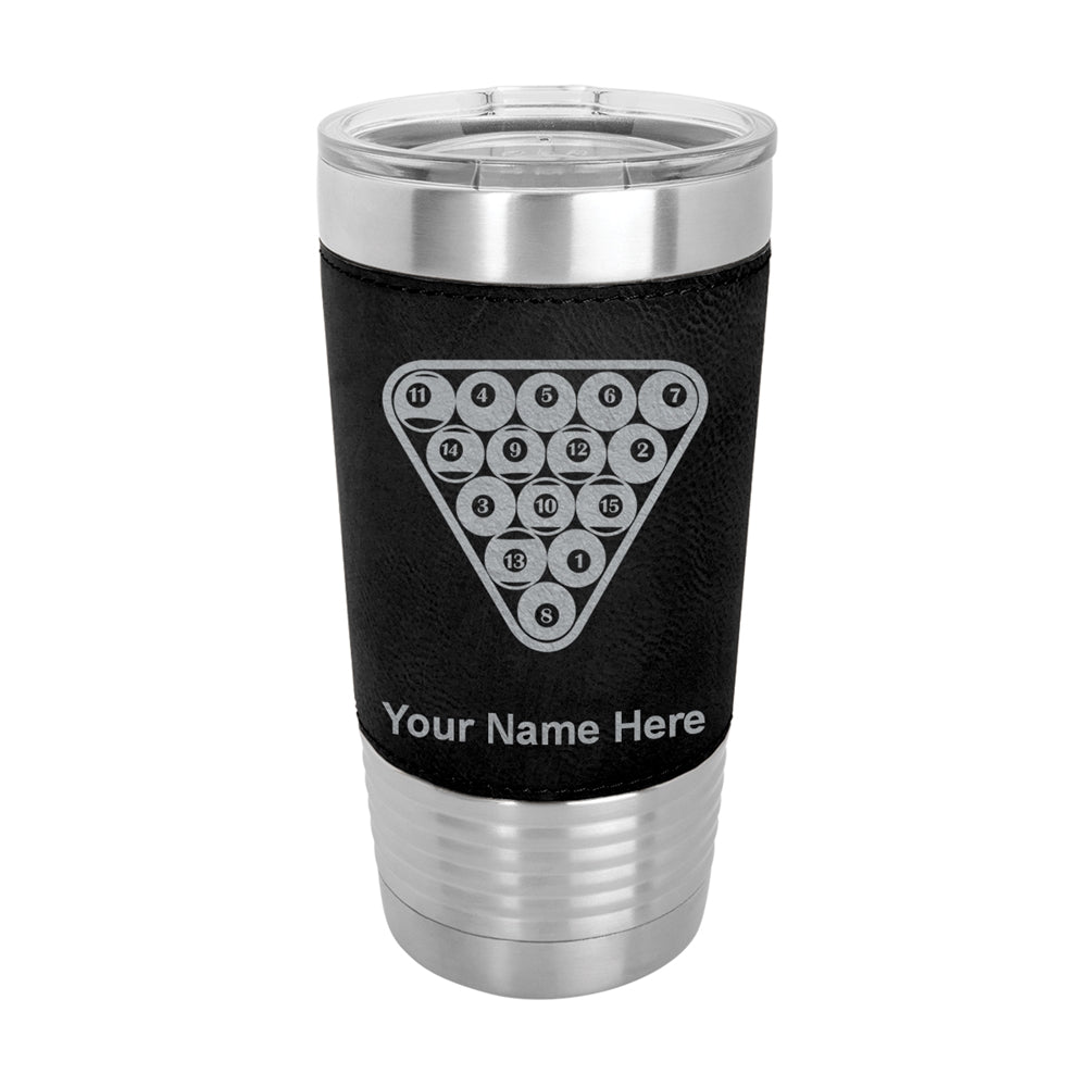 20oz Faux Leather Tumbler Mug, Billiard Balls, Personalized Engraving Included - LaserGram Custom Engraved Gifts