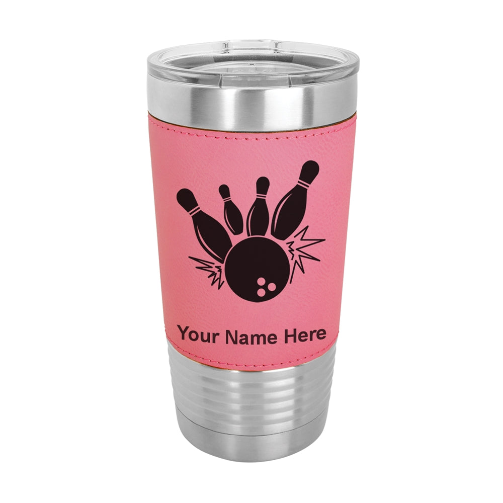 20oz Faux Leather Tumbler Mug, Bowling Ball and Pins, Personalized Engraving Included - LaserGram Custom Engraved Gifts
