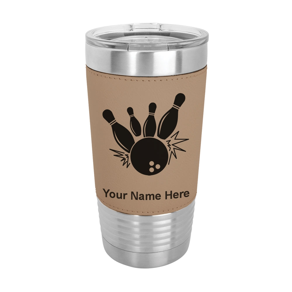 20oz Faux Leather Tumbler Mug, Bowling Ball and Pins, Personalized Engraving Included - LaserGram Custom Engraved Gifts