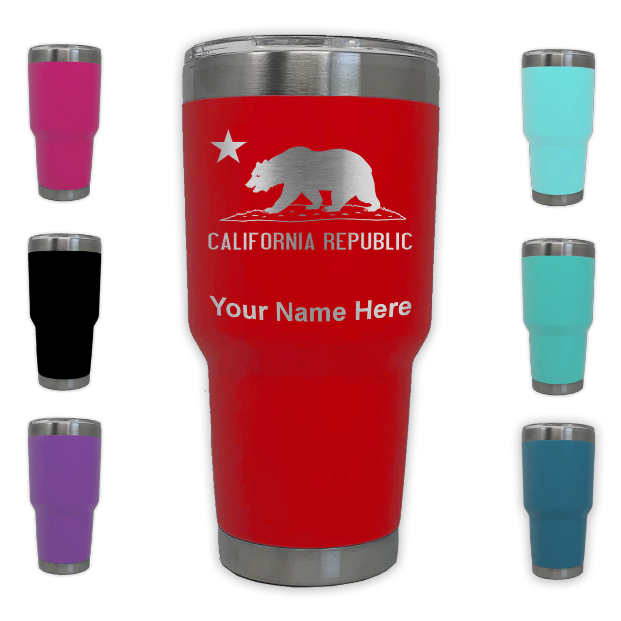 LaserGram 30oz Tumbler Mug, California Republic Bear Flag, Personalized Engraving Included