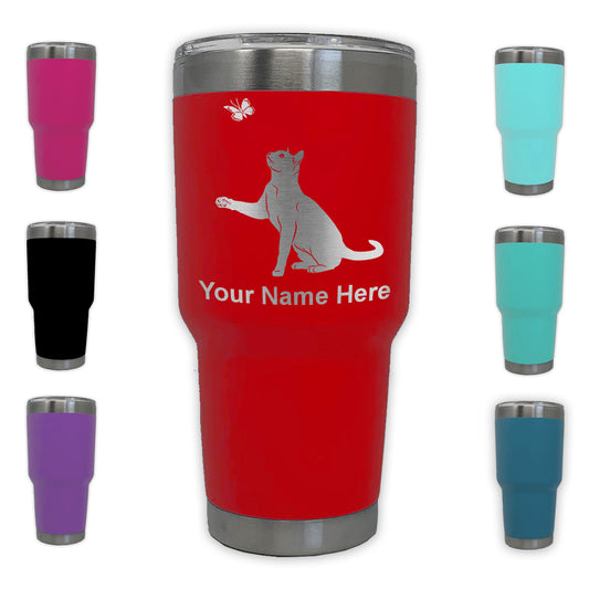 LaserGram 30oz Tumbler Mug, Cat with Butterfly, Personalized Engraving Included