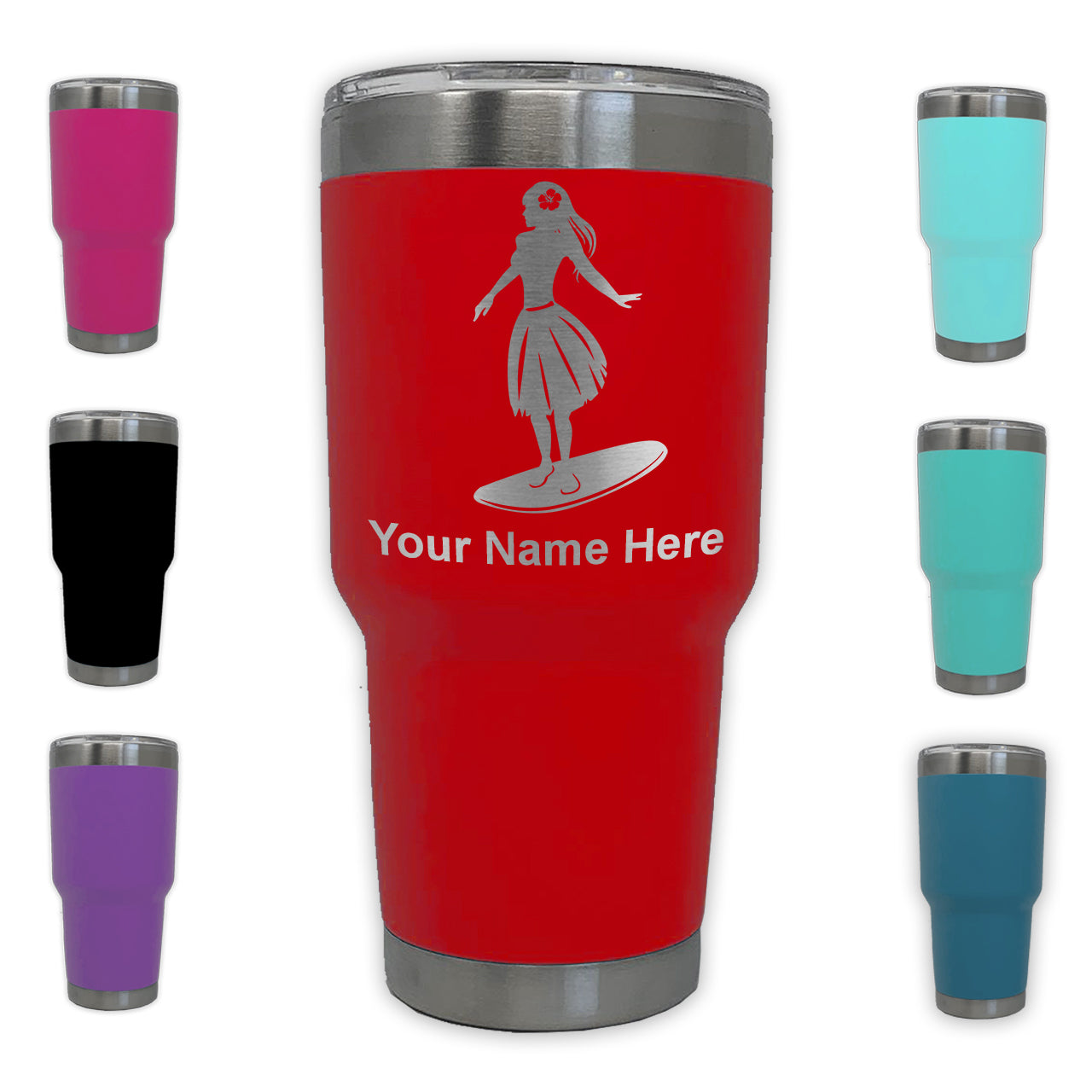 LaserGram 30oz Tumbler Mug, Hawaiian Surfer Girl, Personalized Engraving Included