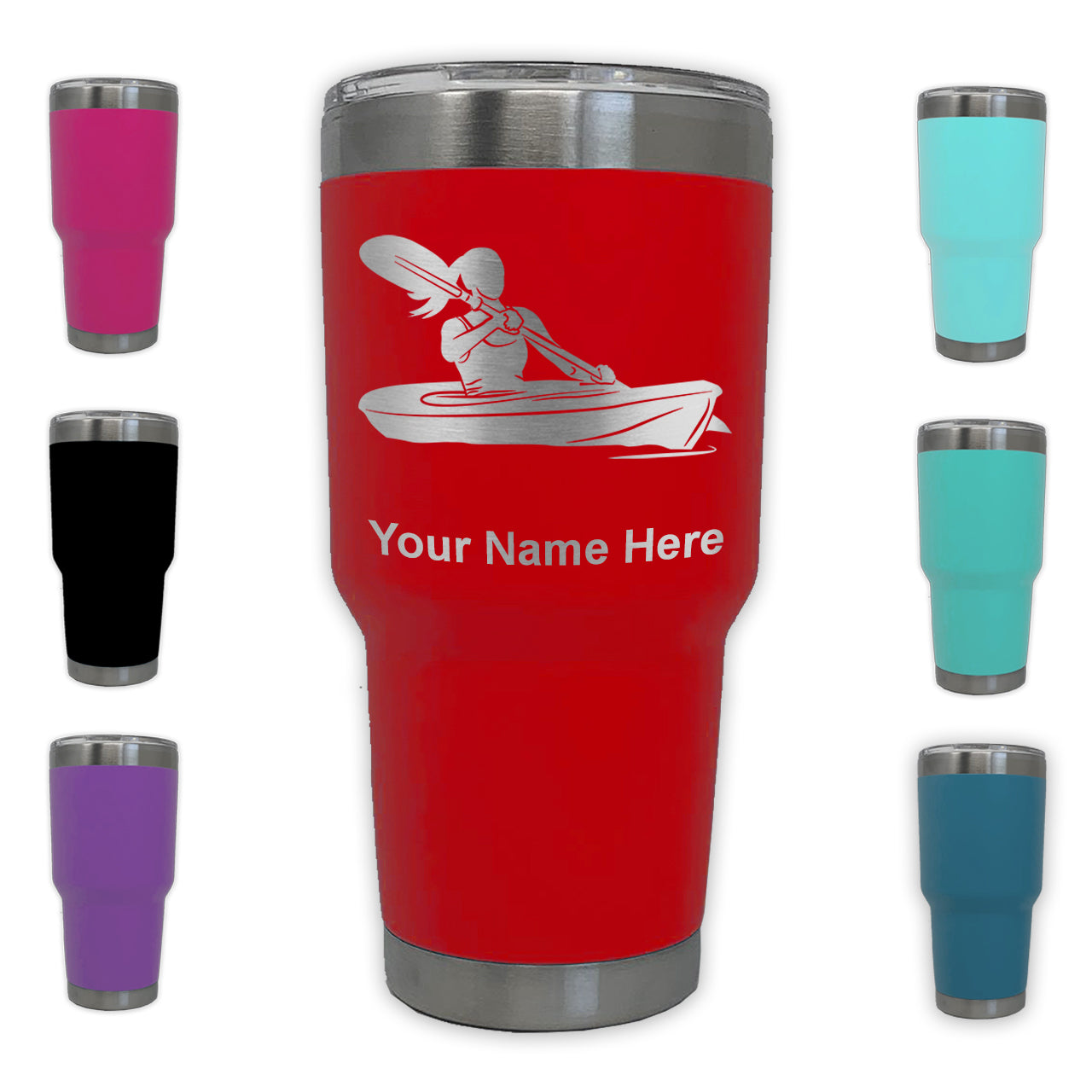 LaserGram 30oz Tumbler Mug, Kayak Woman, Personalized Engraving Included