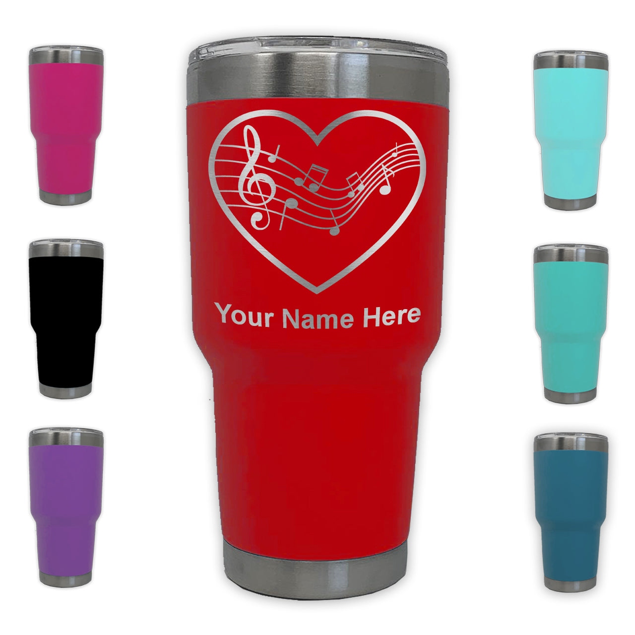 LaserGram 30oz Tumbler Mug, Music Staff Heart, Personalized Engraving Included