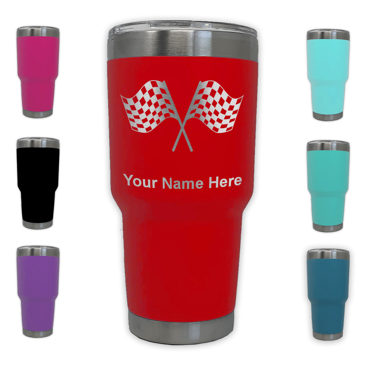 LaserGram 30oz Tumbler Mug, Racing Flags, Personalized Engraving Included