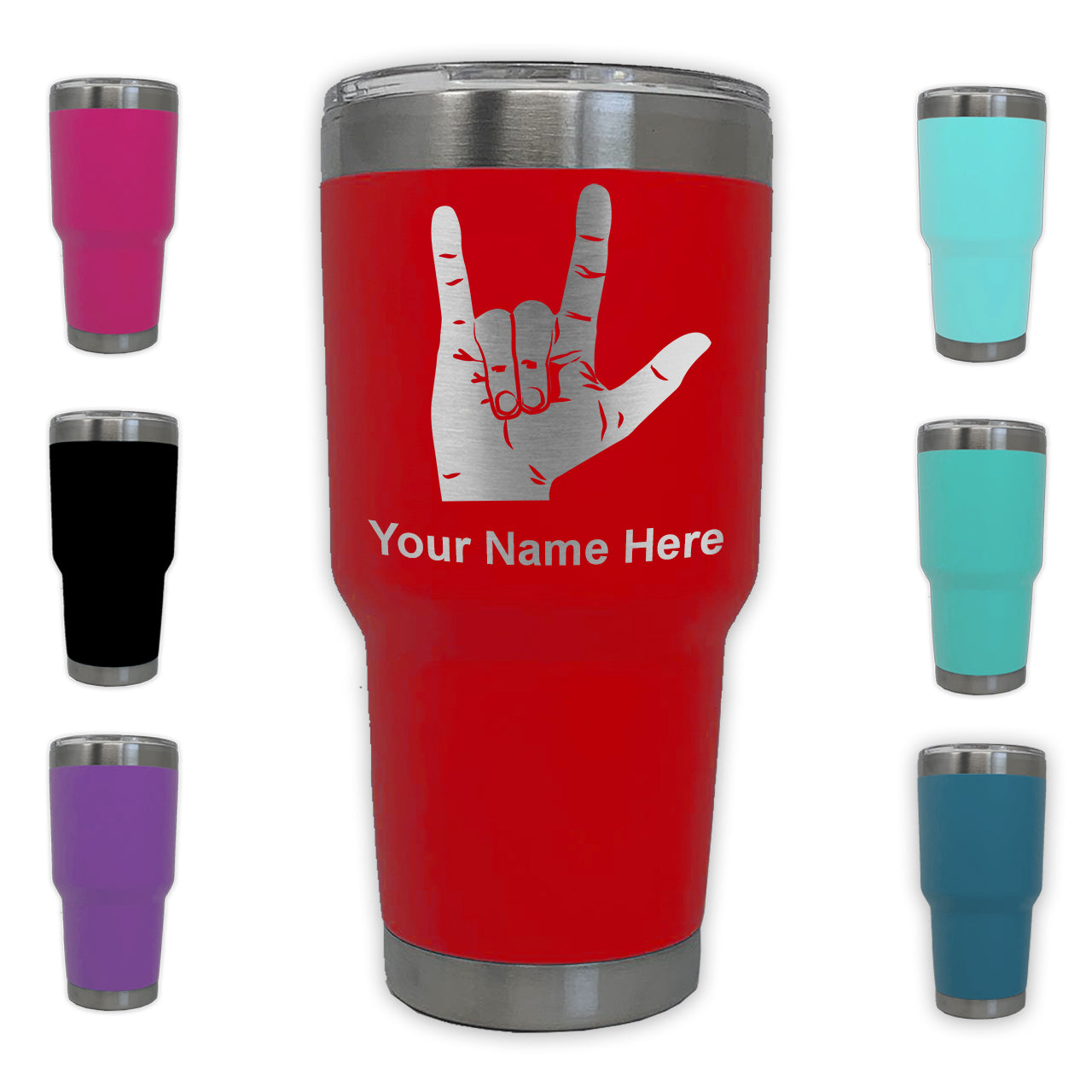 LaserGram 30oz Tumbler Mug, Sign Language I Love You, Personalized Engraving Included