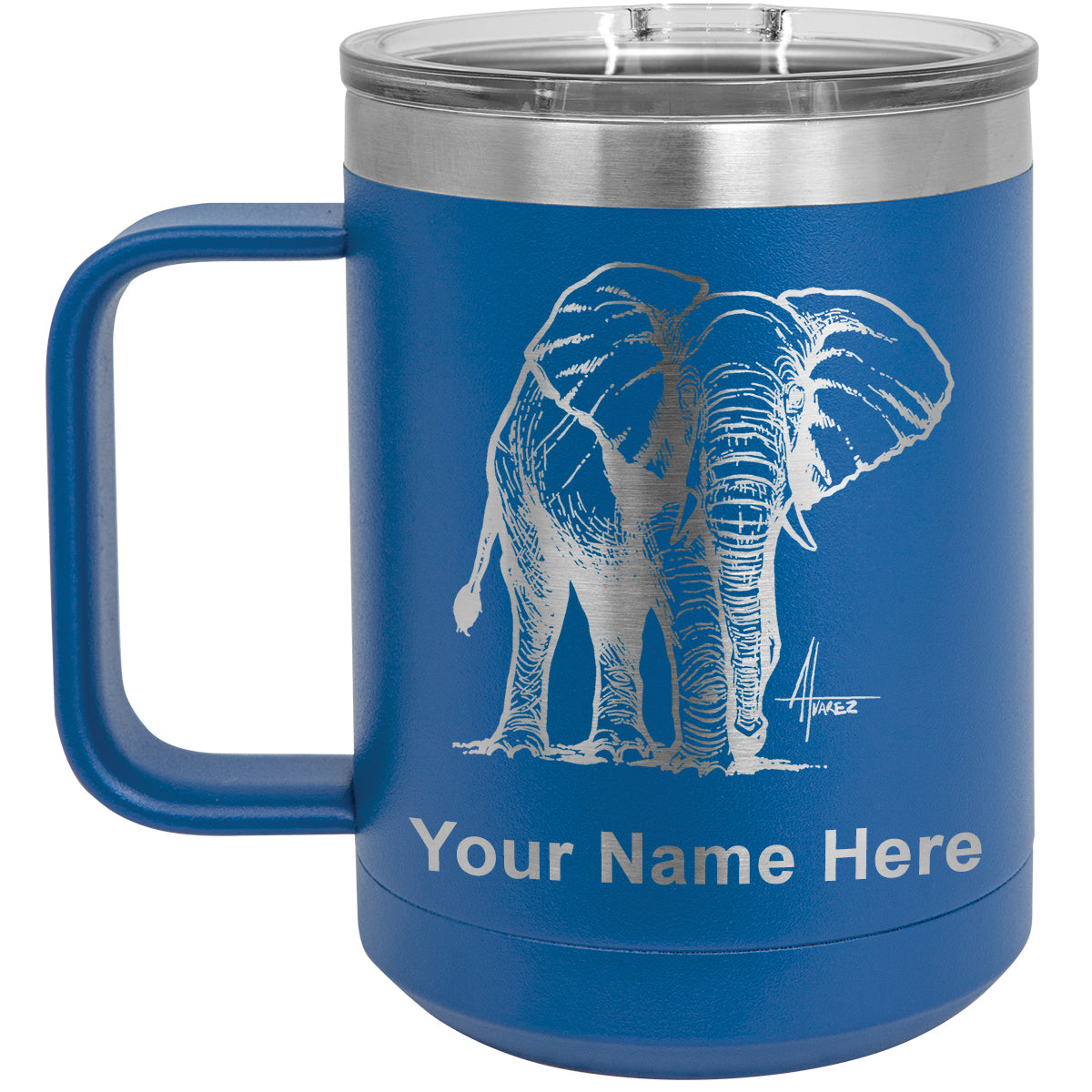15oz Vacuum Insulated Coffee Mug, African Elephant, Personalized Engraving Included