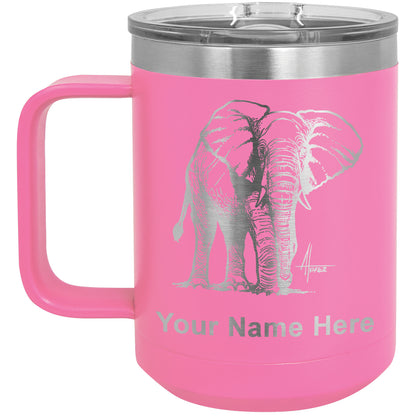 15oz Vacuum Insulated Coffee Mug, African Elephant, Personalized Engraving Included