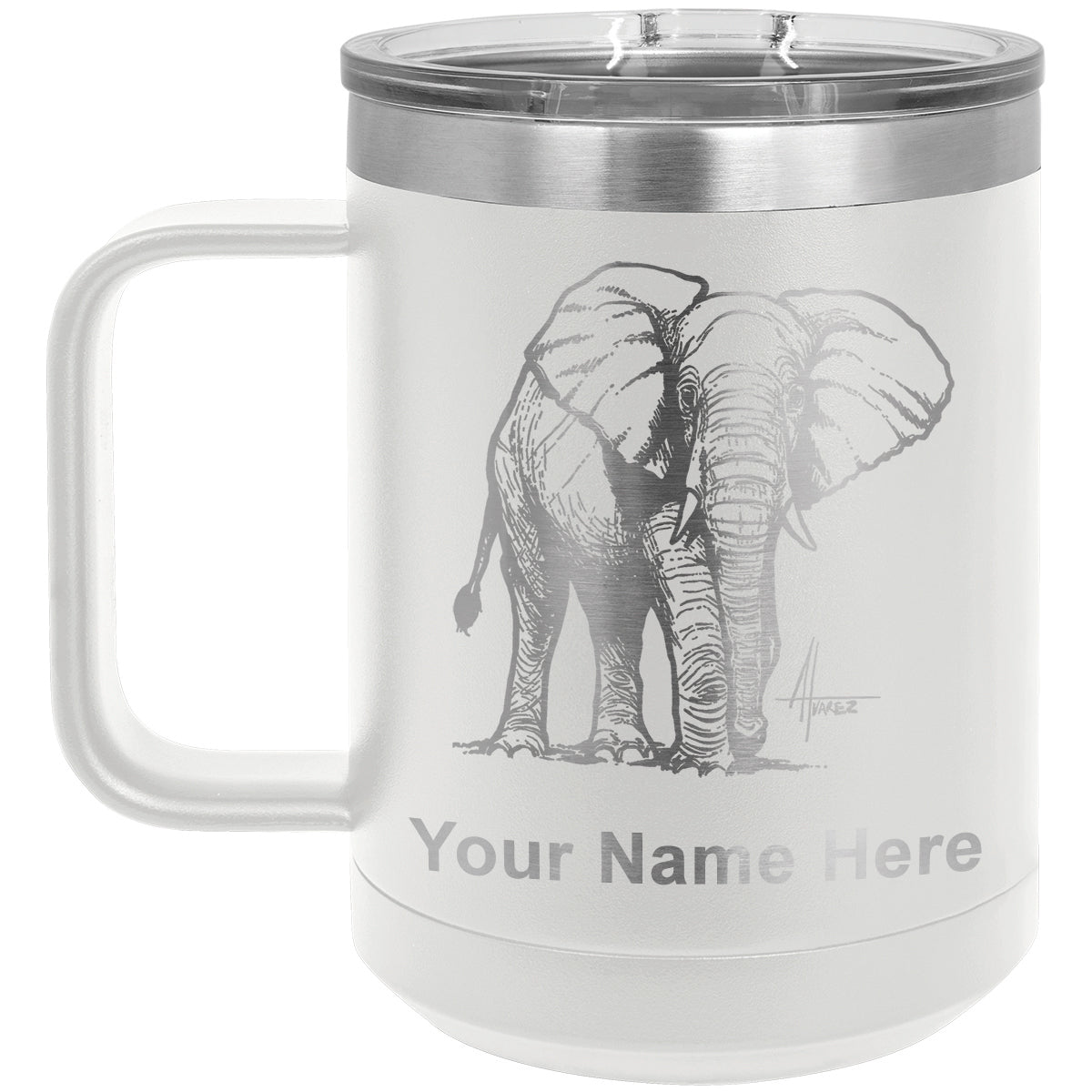 15oz Vacuum Insulated Coffee Mug, African Elephant, Personalized Engraving Included