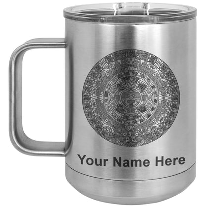 15oz Vacuum Insulated Coffee Mug, Aztec Calendar, Personalized Engraving Included