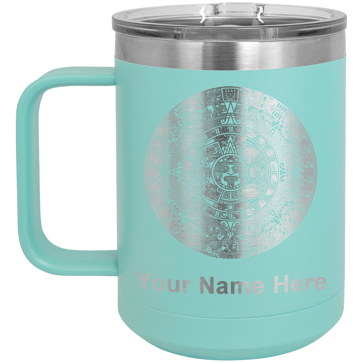 15oz Vacuum Insulated Coffee Mug, Aztec Calendar, Personalized Engraving Included