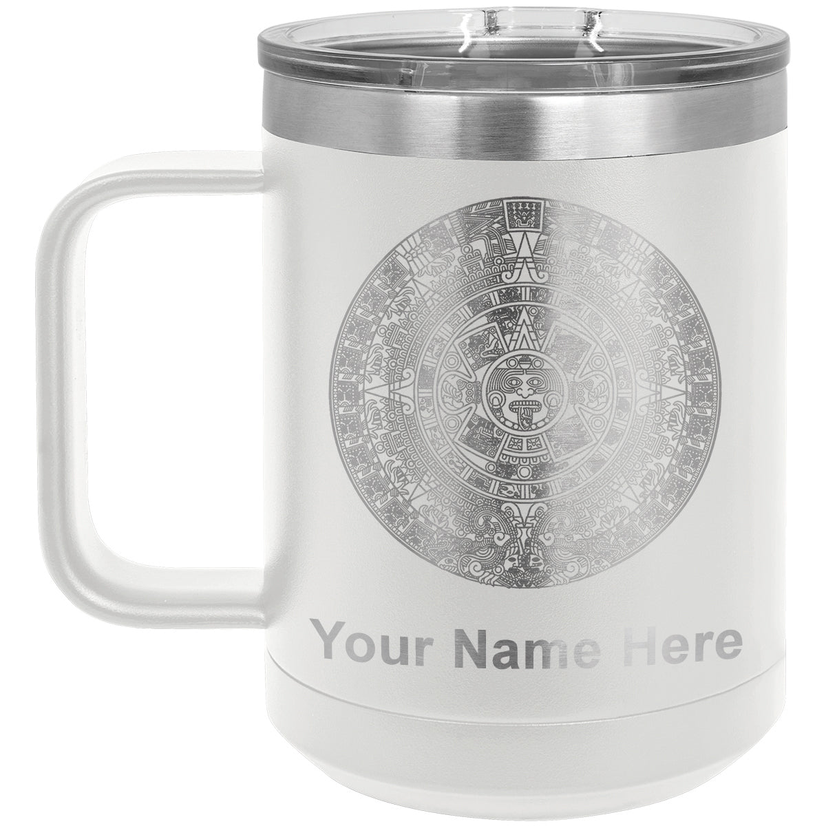 15oz Vacuum Insulated Coffee Mug, Aztec Calendar, Personalized Engraving Included