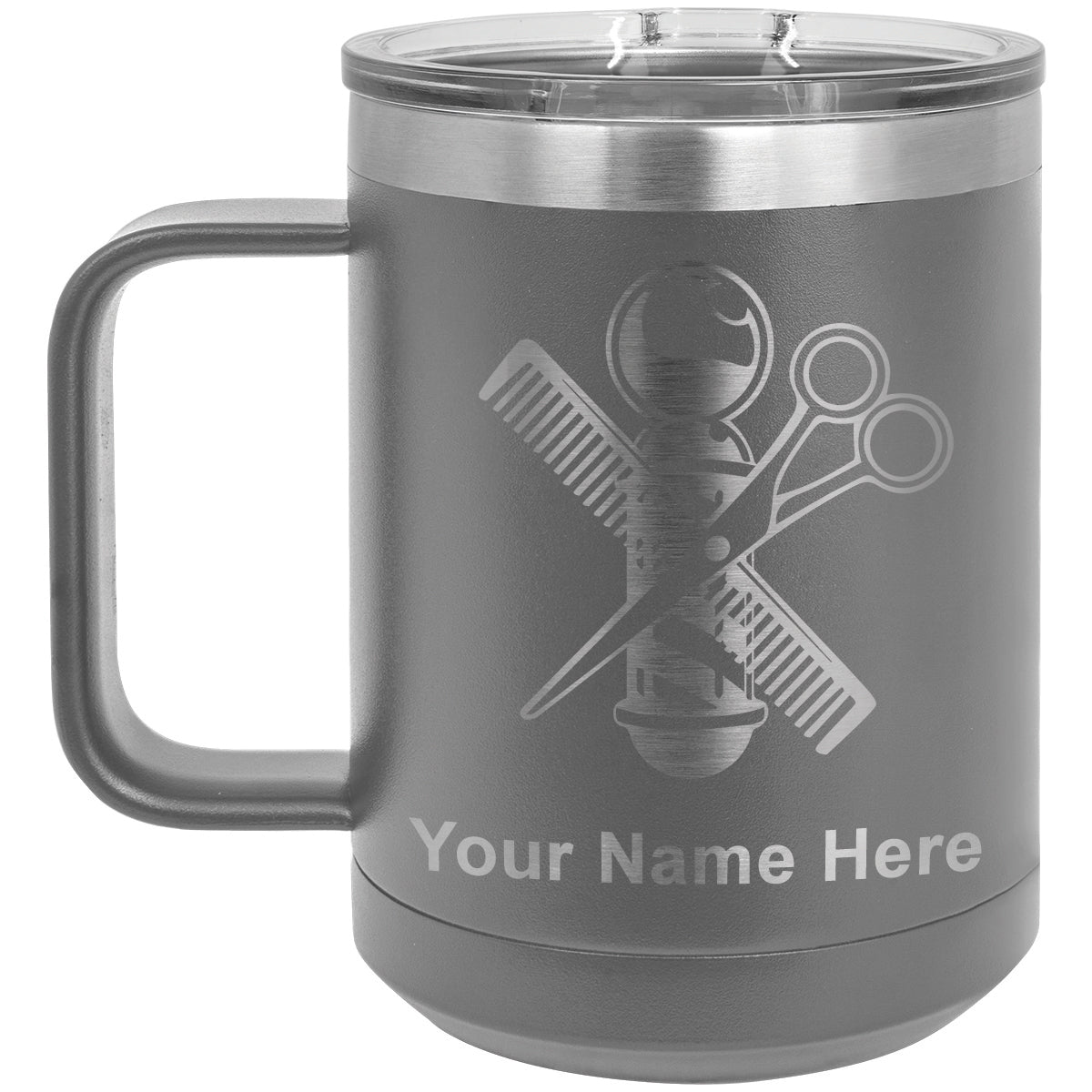 15oz Vacuum Insulated Coffee Mug, Barber Shop Pole, Personalized Engraving Included