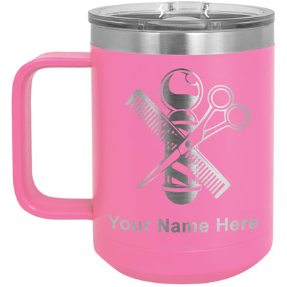 15oz Vacuum Insulated Coffee Mug, Barber Shop Pole, Personalized Engraving Included