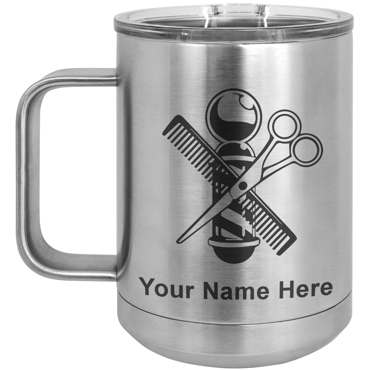 15oz Vacuum Insulated Coffee Mug, Barber Shop Pole, Personalized Engraving Included