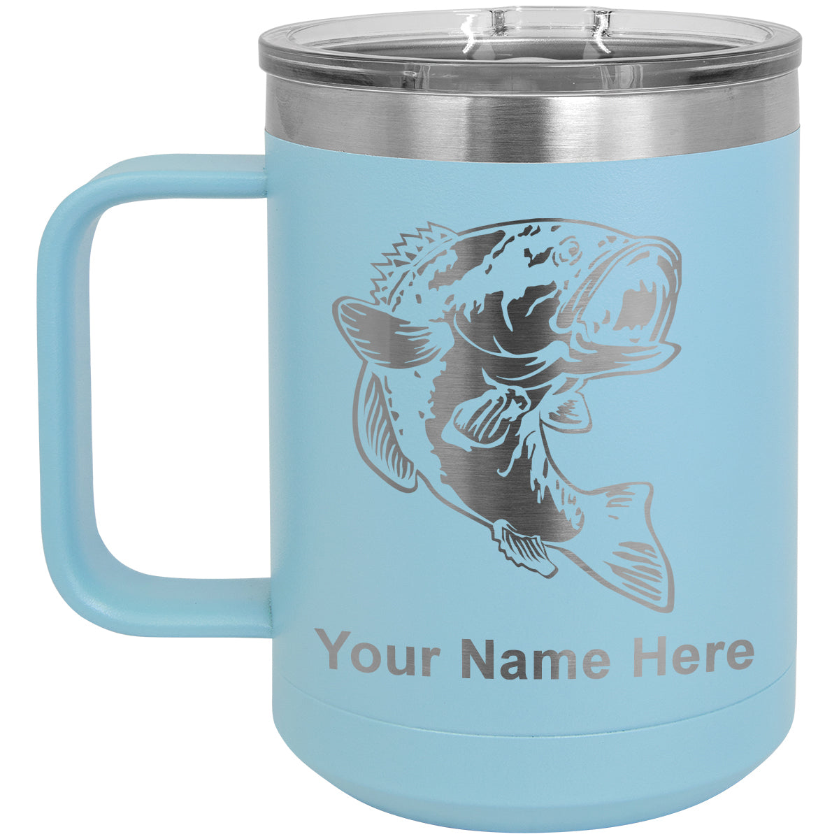 Fish Large Bass Fishing Design Stainless Steel Travel Mug 14 Oz With Handle  Personalized With Your Text Dual Insulated Travel Mug 