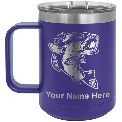 15oz Vacuum Insulated Coffee Mug, Bass Fish, Personalized Engraving Included