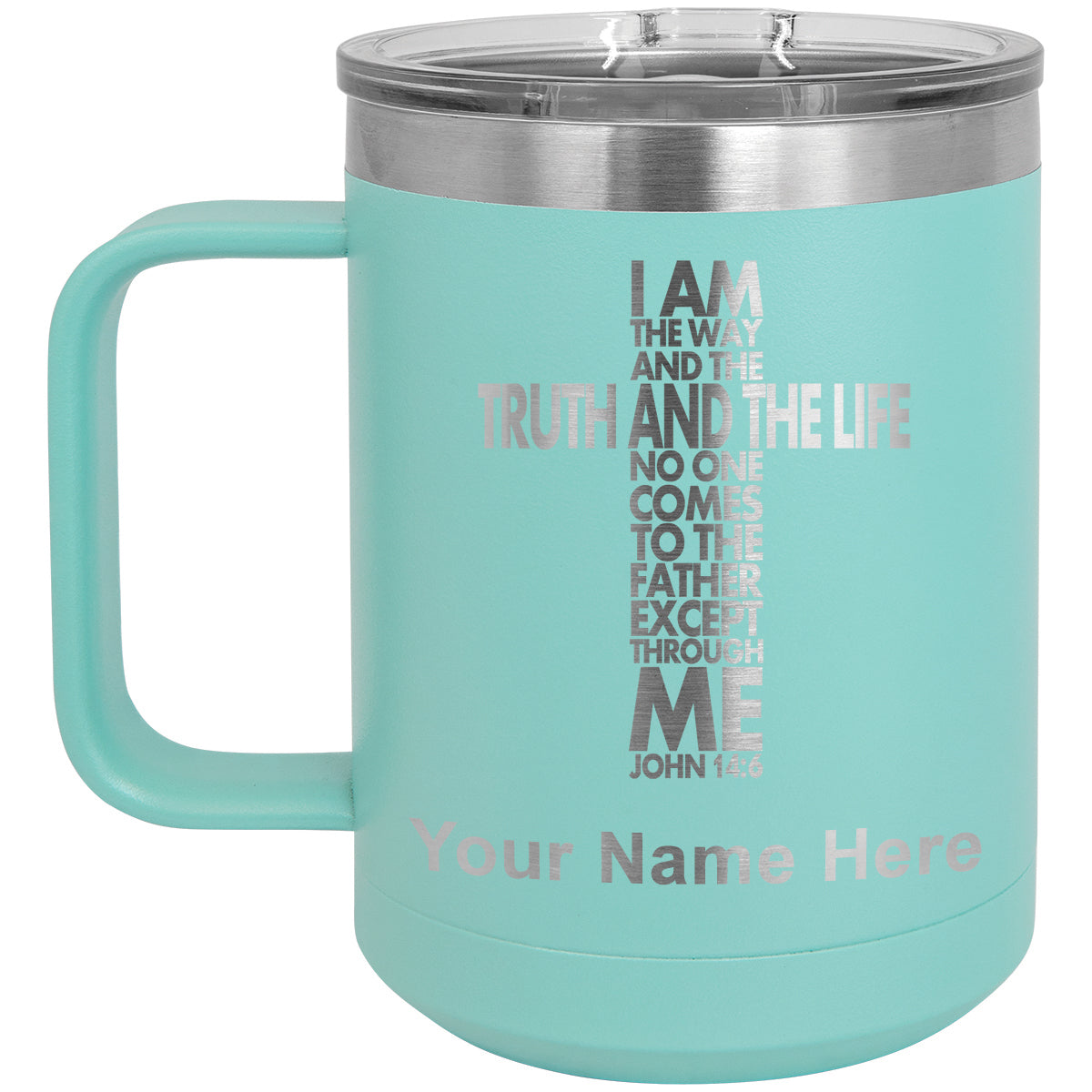 15oz Vacuum Insulated Coffee Mug, Bible Verse John 14-6, Personalized Engraving Included