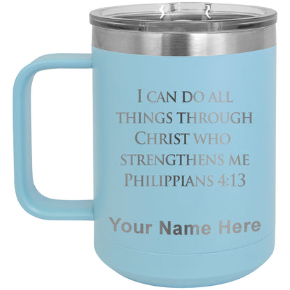 15oz Vacuum Insulated Coffee Mug, Bible Verse Philippians 4-13, Personalized Engraving Included