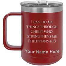 Load image into Gallery viewer, 15oz Vacuum Insulated Coffee Mug, Bible Verse Philippians 4-13, Personalized Engraving Included
