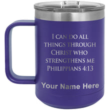 Load image into Gallery viewer, 15oz Vacuum Insulated Coffee Mug, Bible Verse Philippians 4-13, Personalized Engraving Included
