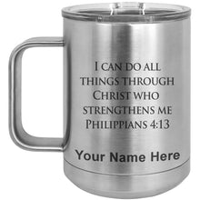 Load image into Gallery viewer, 15oz Vacuum Insulated Coffee Mug, Bible Verse Philippians 4-13, Personalized Engraving Included
