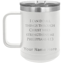Load image into Gallery viewer, 15oz Vacuum Insulated Coffee Mug, Bible Verse Philippians 4-13, Personalized Engraving Included
